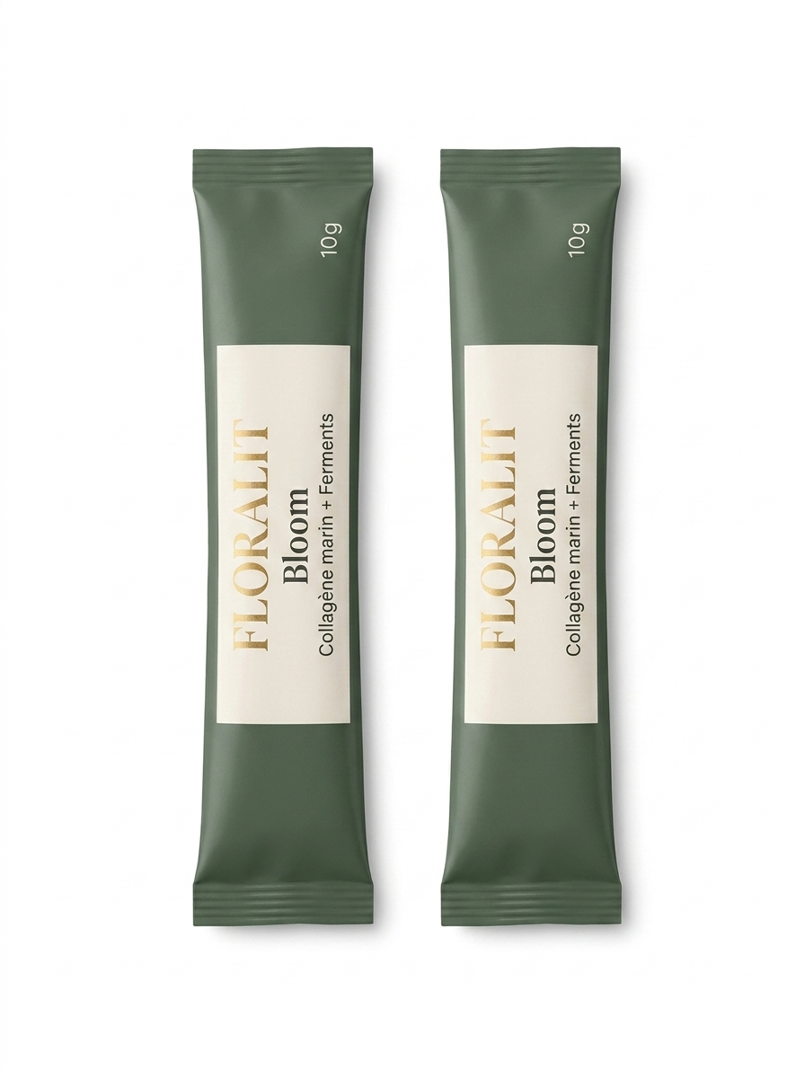 Boîte Floralit Bloom de face, étiquette crème à bords déchirés et lettrage doré FLORALIT