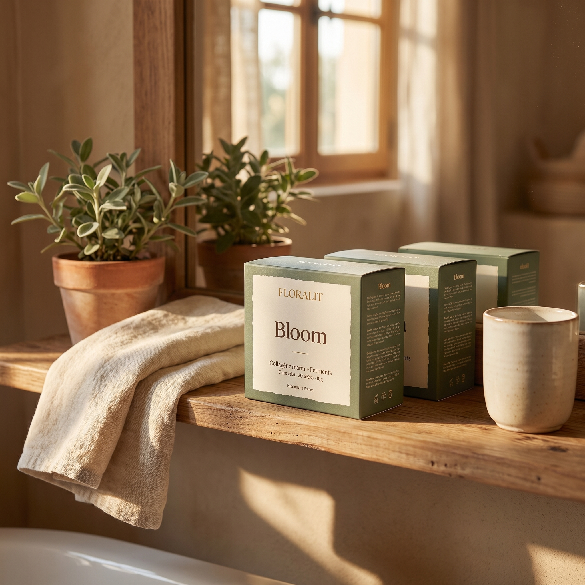 Cure 3 mois Floralit : trois boîtes Bloom et sticks disposés en éventail sur lin crème