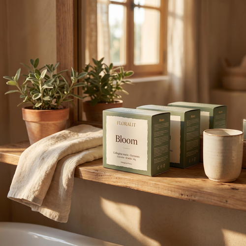 Cure 3 mois Floralit : trois boîtes Bloom et sticks disposés en éventail sur lin crème