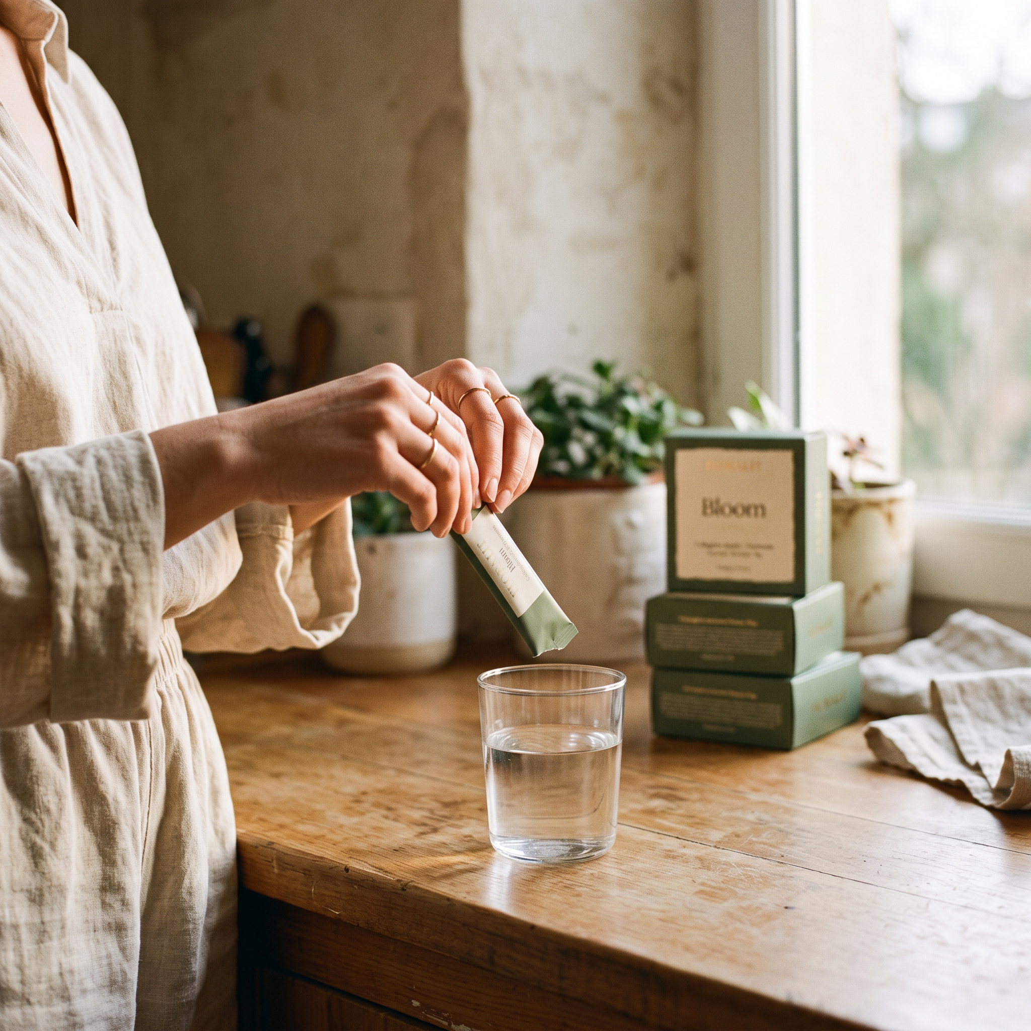 Femme ouvrant un stick Floralit Bloom au-dessus d'un verre d'eau, réserve de trois boîtes en arrière-plan